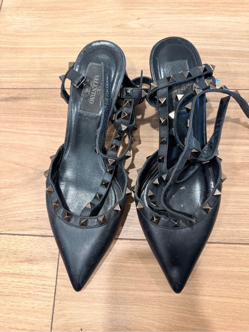 Valentino Black Pyramid-Studded Pointed Slingback Heels